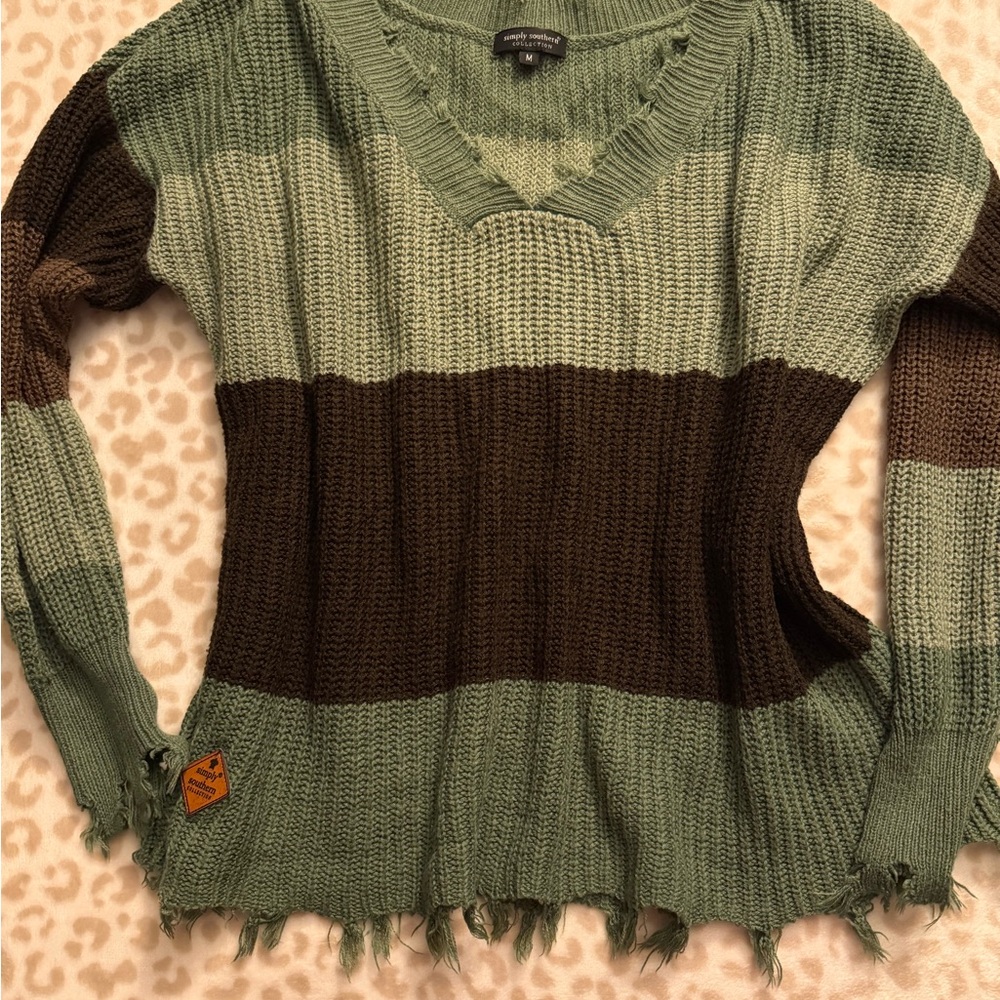 Green and Brown Striped Women's Sweater